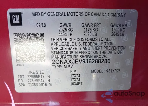 2018 Chevrolet Equinox Lt z USA, uszkodzony, nr VIN 2GNAXJEV9J6288286